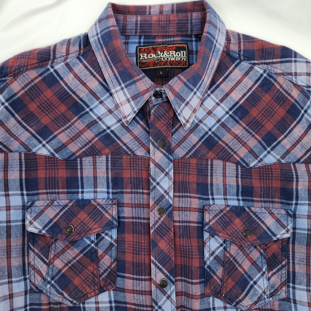 Rock Roll Cowboy Mens Western Pearl Snap Shirt Size L Blue Plaid Country Concert
